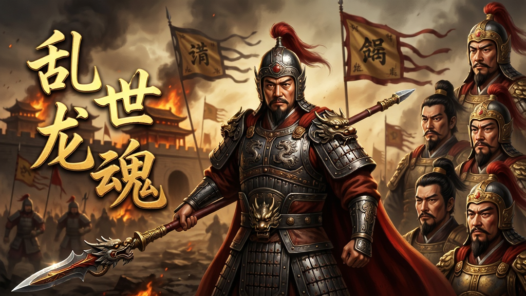 画面中央是一位身披玄铁重甲的三国武将,手持龙纹长枪,身后是燃烧的城池与飘扬的战旗,画面左侧悬浮着