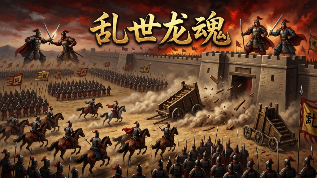 宏大的三国战场俯视图,画面中数百名士兵方阵正在激烈交战,骑兵冲锋扬起尘土,攻城车撞击城门溅出木屑,画面远处有武将单挑的特写,天空被战火映成暗红色,画面正上方悬浮