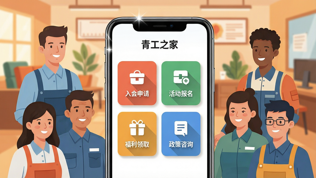 一幅展示青工之家APP首页界面的场景图,画面中央是手机屏幕,屏幕内显示青工之家应用的主页,包含入会申请、活动报名、福利领取、政策咨询等图标模块,周围环绕着不同年龄段的职工人物形象,背景为温馨的工会活动室,布局采用中心放射式构图,风格为现代扁平化插画,细节包括手机边框的高光、图标阴影、人物微笑表情,画质清晰,干净,无多余元素