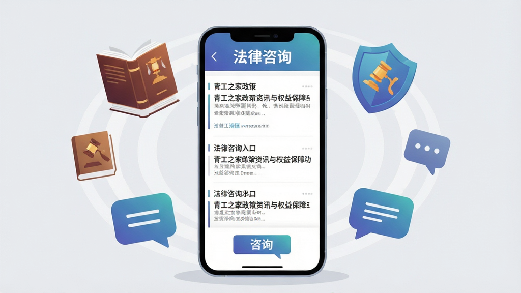 青工之家政策资讯与权益保障功能展示图,画面中央为手机屏幕显示政策文章列表和法律咨询入口,屏幕周围漂浮着法律书籍、盾牌、对话框等象征权益保护的图标,背景为淡灰色,布局采用居中环绕式构图,风格为商务扁平插画,细节包括图标渐变、文字清晰可读,画质干净,无多余元素