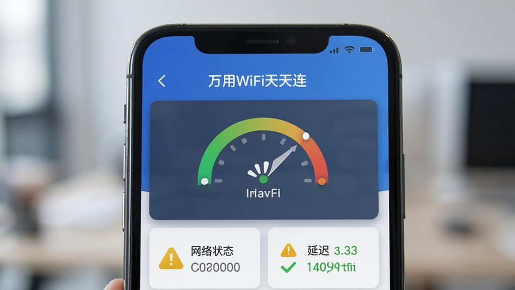 手机屏幕显示“万用WiFi天天连”的网络检测页面,有信号强度仪表盘、延迟数值和网络状态文字,主体是检测界面,布局采用卡片式分区,排版清晰,风格简约商务,细节有绿色对勾和黄色感叹号图标,画质高清,干净,无多余元素