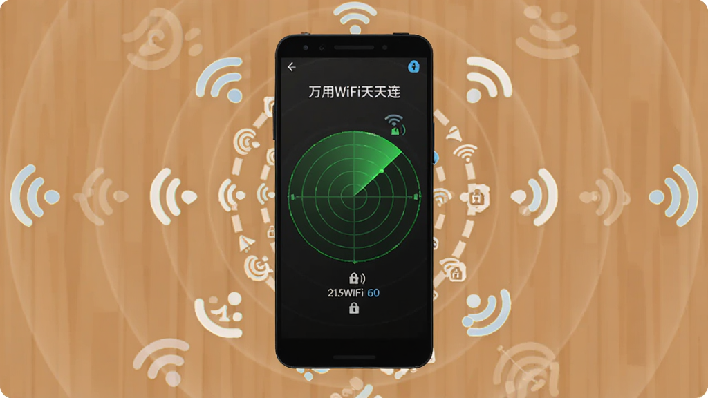 一部安卓手机放在桌面上,屏幕显示“万用WiFi天天连”的雷达扫描动画,周围有多个WiFi信号图标以同心圆方式扩散,主体是手机与扫描界面,布局采用中心放射状,排版简洁,风格扁平化科技风,细节有信号强度数字和锁形图标,画质高清,干净,无多余元素