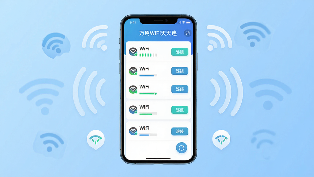 一张展示智能手机屏幕的图片,屏幕中央是“万用WiFi天天连”软件的主界面,界面显示多个WiFi信号列表与连接按钮,周围环绕着WiFi图标和信号波纹,背景是简洁的浅蓝色渐变,布局居中对齐,风格现代科技感,细节包括信号强度条和刷新按钮,画质清晰,干净,无多余元素