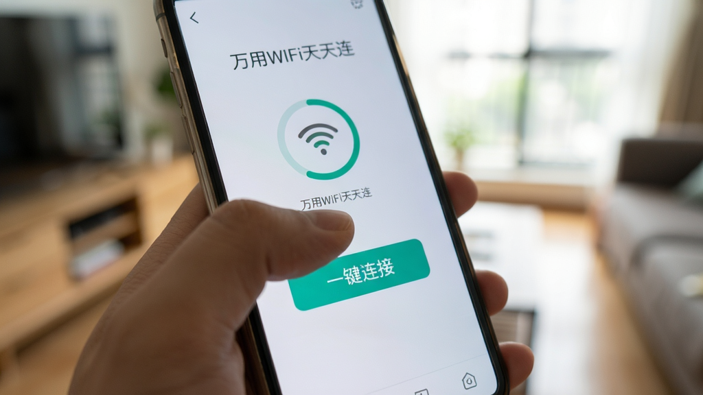 一只手拿着手机,拇指正点击“万用WiFi天天连”界面上的“一键连接”按钮,按钮呈现高亮状态,背景是模糊的室内场景,主体突出手指与手机屏幕,布局采用特写视角,排版简洁明了,风格写实生活化,细节有连接进度环和WiFi图标,画质清晰,干净,无多余元素