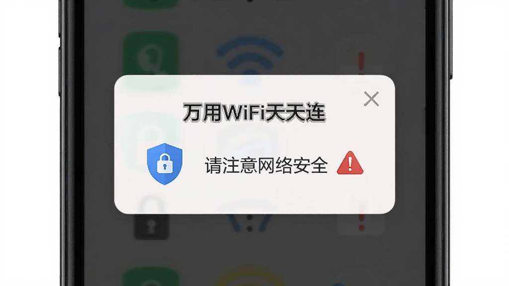 手机屏幕显示“万用WiFi天天连”的安全提示弹窗,弹窗内有盾牌图标和“请注意网络安全”文字,背景是深色半透明遮罩,主体是弹窗内容,布局居中,排版简洁,风格安全警示风,细节有锁形图标和感叹号,画质清晰,干净,无多余元素