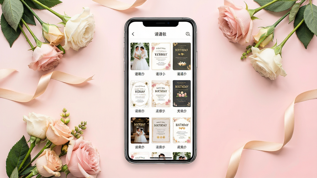 一张展示请柬制作邀请软件界面的场景图,画面中央是一部智能手机,手机屏幕上显示着请柬制作邀请的模板选择页面,页面上整齐排列着多款婚礼请柬、生日请柬的缩略图,手机周围散落着一些装饰花朵和丝带,背景为柔和的浅粉色渐变,整体风格清新温馨,细节丰富,画质清晰干净,无多余元素