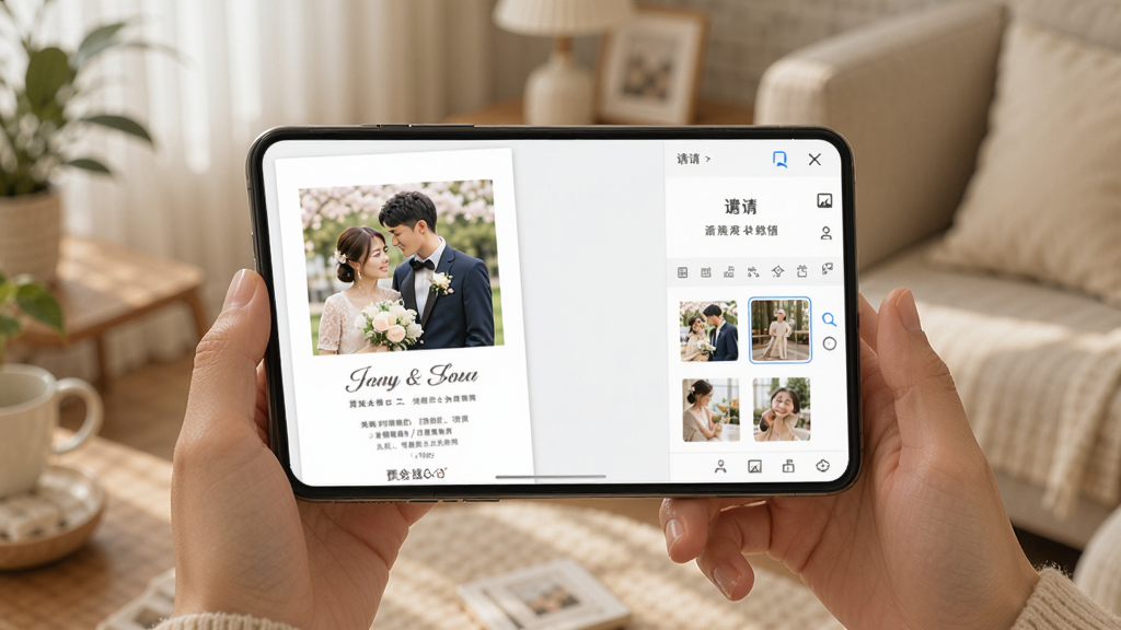 请柬制作邀请编辑界面的操作场景图,画面中一双手正在手机上操作,屏幕显示请柬编辑页面,左侧是请柬预览效果,右侧是文字和图片编辑工具栏,预览区域显示着新人照片和邀请文字,背景为温馨的室内环境,风格写实自然,画质细腻,画面干净整洁