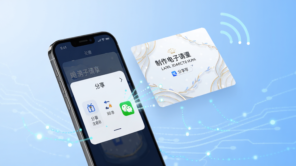 请柬制作邀请分享功能的示意图,画面展示一部手机正在将制作好的电子请柬发送出去,手机屏幕显示分享菜单和微信图标,请柬以精美的卡片形式悬浮在屏幕上方,周围有象征信号传输的光点线条,背景为淡蓝色科技感渐变,风格现代简洁,画质清晰,无多余装饰