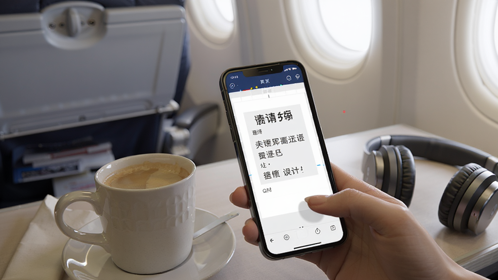 请柬制作邀请离线编辑场景图,画面中一部手机处于飞行模式状态,但屏幕上仍然正常显示请柬编辑界面,用户正在添加文字,手机旁边放着一杯咖啡和一副耳机,背景为飞机客舱或安静的书房环境,风格生活化,画质清晰,画面干净无杂乱