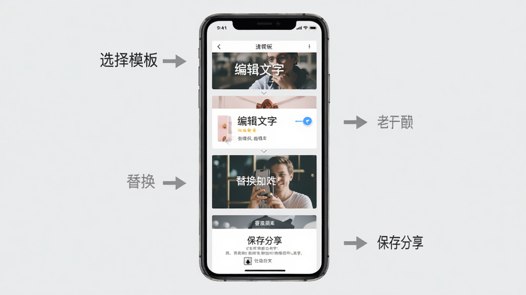 请柬制作邀请移动端操作流程图,画面以一部竖屏手机为中心,手机屏幕从上到下依次展示选择模板、编辑文字、替换照片、保存分享四个步骤的界面截图,每个步骤旁边配有简洁的箭头指示,背景为浅灰色,风格扁平化信息图,画质清晰,布局整齐,无多余装饰元素