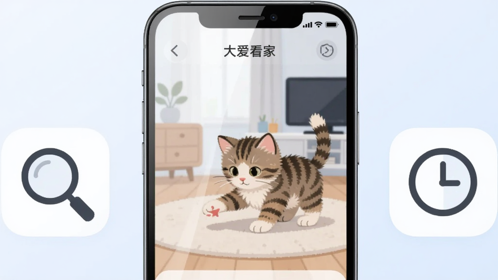 һ���ֻ�����չʾ�󰮿���APP��ʵʱ��ؽ��棬��������һֻСè�ڿ�����ˣ���ֻ�����ֱ��зŴ�ͼ���ʱ��ͼ�꣬����Ϊ����ɫ���䣬���ֲ������ҶԳ�ʽ�����Ϊ��Լ��ƽ�廭��ϸ�ڰ����ֻ���Ļ��ϸ�巴�⡢Сè��ë��������ͼ���Ե��Բ���������������ɾ����޶���Ԫ�ء�