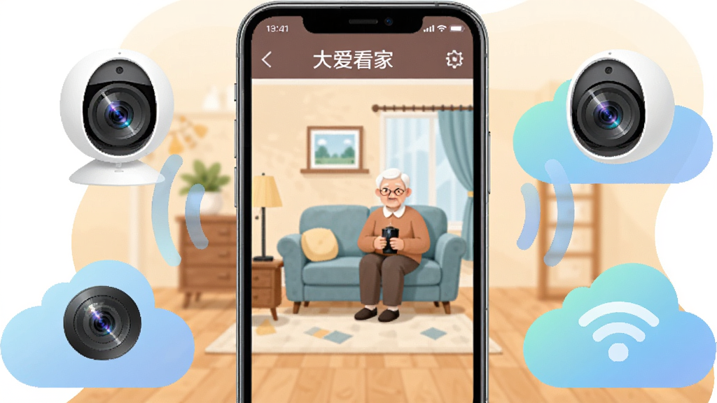 ����������һ�������ֻ�����Ļ��ʾ�󰮿���APP�ļ�ػ��棬�������п���������һλ��������ɳ���ϣ��ֻ���Χ��������������ͷ���ƶ���״�Ĵ洢ͼ���WiFi�źŲ��ƣ���������ܰ�ļҾӻ��������岼�ֲ��þ��й�ͼ�����Ϊ��ƽ���Ƽ��廭��ϸ�ڰ����ֻ��߿�ĸ߹⡢����ͷ��ͷ�ķ��⡢�ƶ����ͽ��䣬���������ɾ����޶���Ԫ�ء�
