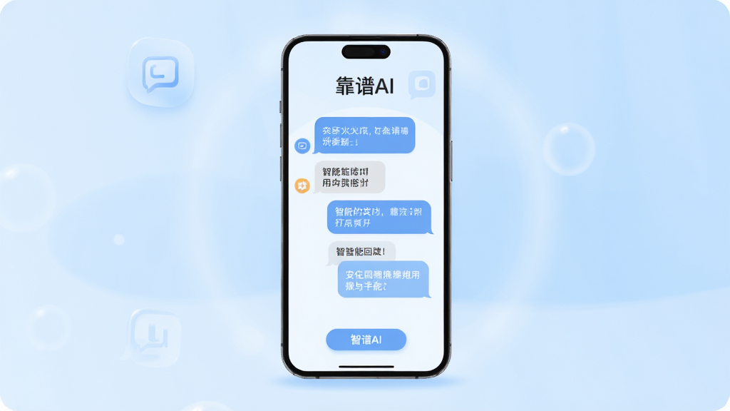 画面中央一部智能手机竖屏显示“靠谱AI”应用界面,界面内为对话气泡与智能回复内容,背景为浅蓝色渐变与柔和光晕,主体突出手机与软件名称文字,布局简洁居中,排版清爽,风格为现代科技感扁平插画,细节包含圆角图标与简洁按钮,画质高清,干净,无多余元素