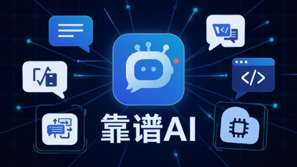 画面中央为“靠谱AI”软件图标与名称,周围环绕对话框、翻译符号、代码括号等元素,背景为深蓝色科技网格,主体突出软件名称与功能图标,布局为放射状排列,风格为科技感矢量插画,细节包含发光线条与简洁图标,画质高清,干净,无多余元素