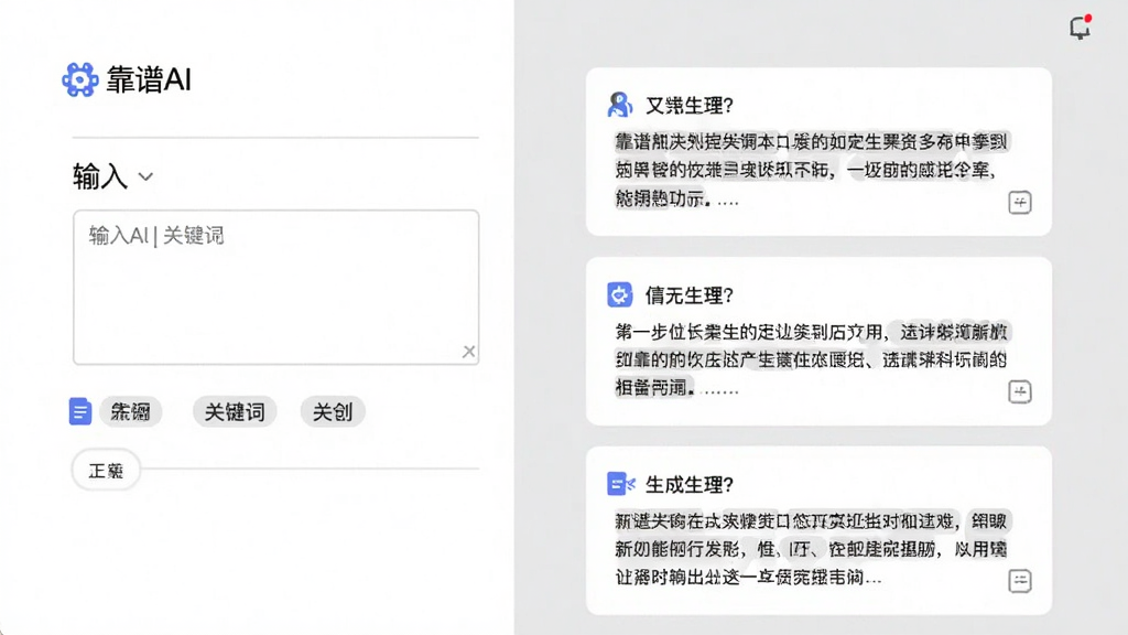 画面展示“靠谱AI”软件内文案生成功能界面,左侧为输入框与关键词标签,右侧为生成的多段文字卡片,背景为白色与淡灰色块拼接,主体为界面布局与文字内容,排版整齐,风格为简约商务扁平风,细节包含图标与分隔线,画质清晰,干净,无多余元素