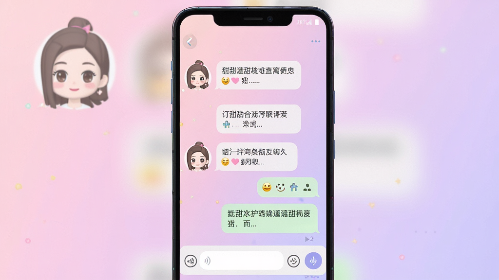 一张手机屏幕展示甜甜女友聊天界面的场景图,画面中央是一部竖屏安卓手机,手机屏幕上显示着甜甜女友的对话窗口,左侧是虚拟女友的卡通头像,右侧是聊天气泡,背景为柔和的粉紫色渐变,整体风格清新甜美,细节包括聊天气泡、表情图标、语音按钮,画质清晰干净,无多余元素
