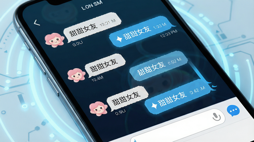 一张展示甜甜女友智能对话功能的示意图,画面主体为一部手机,屏幕上显示多条来往的聊天气泡,气泡中带有