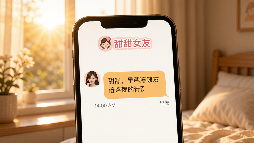 甜甜女友日常提醒功能展示图,画面中手机屏幕显示一条早安问候消息,消息上方有