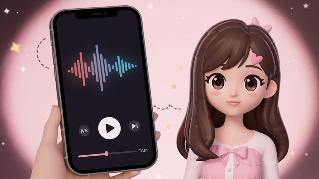 甜甜女友语音互动场景图,画面展示一部手机播放语音消息的界面,屏幕上有声波波形动画,旁边有虚拟女友的卡通形象,背景为柔和的粉色光晕,风格温馨甜美,细节包括播放按钮、声波动画、时间进度条,画质细腻,无多余元素