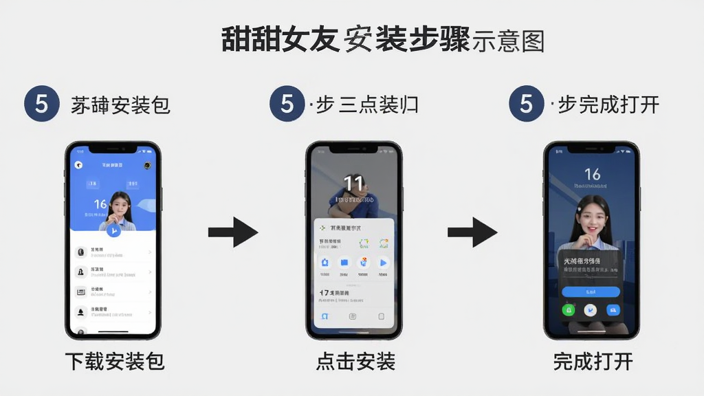 甜甜女友安装步骤示意图,画面以流程图形式展示手机安装软件的三个步骤,分别为下载安装包、点击安装、完成打开,每个步骤配有手机界面缩略图,背景为浅灰色,风格简洁明了,细节包括步骤编号、箭头指引、界面截图,画质清晰,排版工整