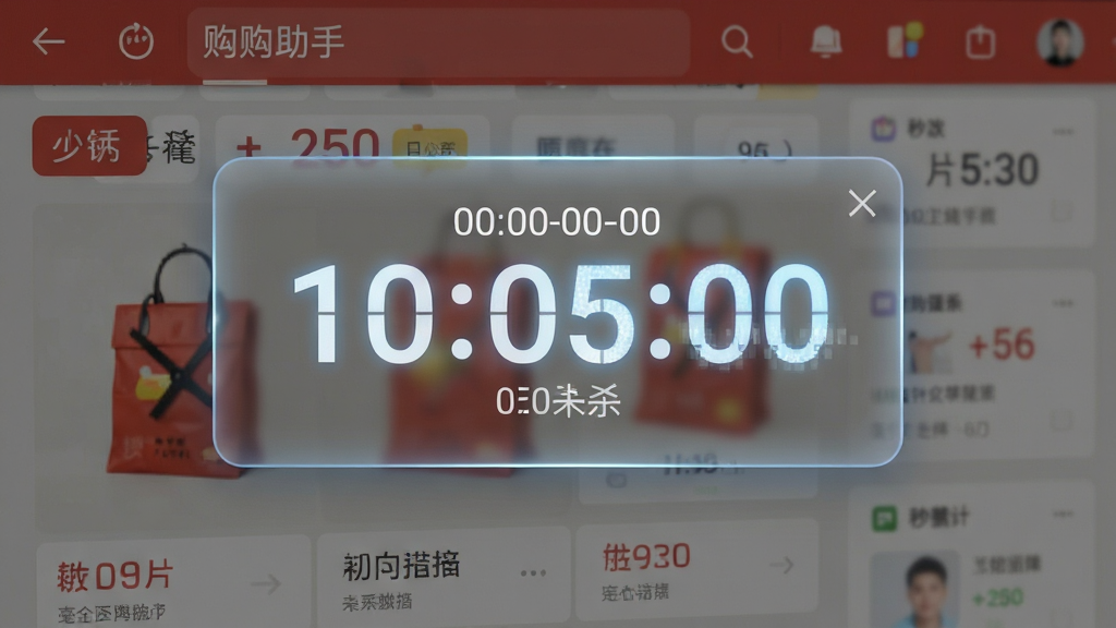 悬浮时钟抢购助手安卓手机界面展示,一个半透明悬浮时间窗口显示毫秒级倒计时,背景为购物秒杀页面,布局居中,排版简洁清晰,风格为现代科技感UI设计,细节包含数字跳动效果、悬浮窗边缘光晕、时间数字高亮,画质高清,干净,无多余元素
