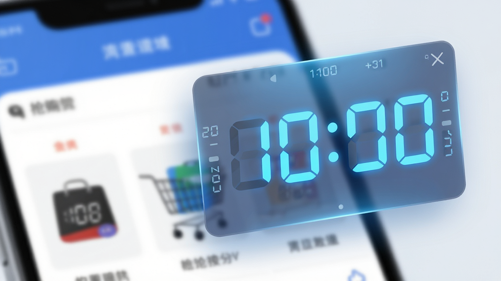 悬浮时钟抢购助手毫秒级悬浮时间窗口特写,主体为半透明数字时钟悬浮在购物应用上方,布局为悬浮窗居中偏右,排版包含毫秒数字跳动,风格为科技蓝渐变,细节有数字发光效果与半透明背景,画质高清,干净,无多余元素
