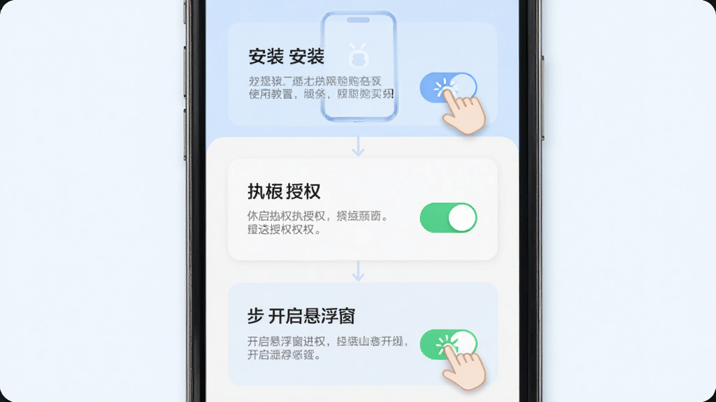 悬浮时钟抢购助手移动端使用教程示意图,主体为手机屏幕展示权限设置步骤,布局为分步图示,排版从上到下依次为安装、授权、开启悬浮窗,风格为清新浅色教程风,细节包含手指点击图标与权限开关,画质清晰,干净,无多余元素