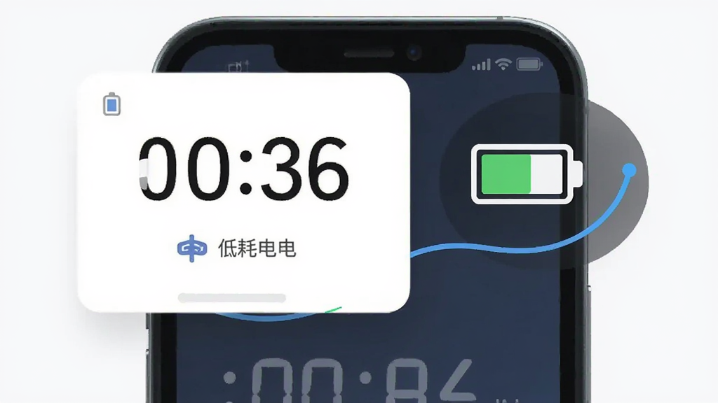 悬浮时钟抢购助手轻量运行示意图,主体为手机屏幕上方悬浮时间窗口与电池图标,布局左右分列,排版简洁,风格为扁平化设计,细节包含低耗电标识与流畅运行线条,画质清晰,干净,无多余元素