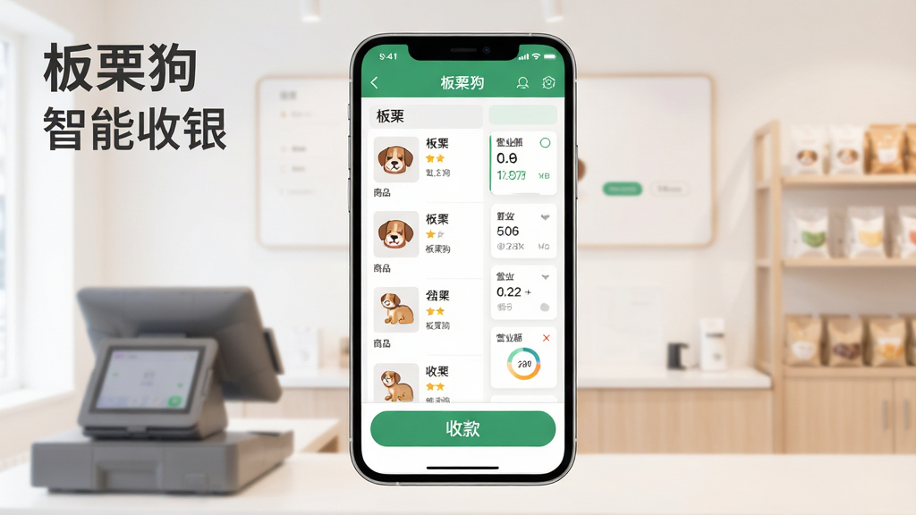 板栗狗软件主界面展示,主体是一部智能手机屏幕显示收银台功能页面,布局为居中手机正面展示,背景为浅色简约商铺场景,风格为现代科技感扁平化设计,细节包括商品列表、收款按钮、营业额数据卡片,画面中文字标注“板栗狗”与“智能收银”,画质高清,干净无多余元素