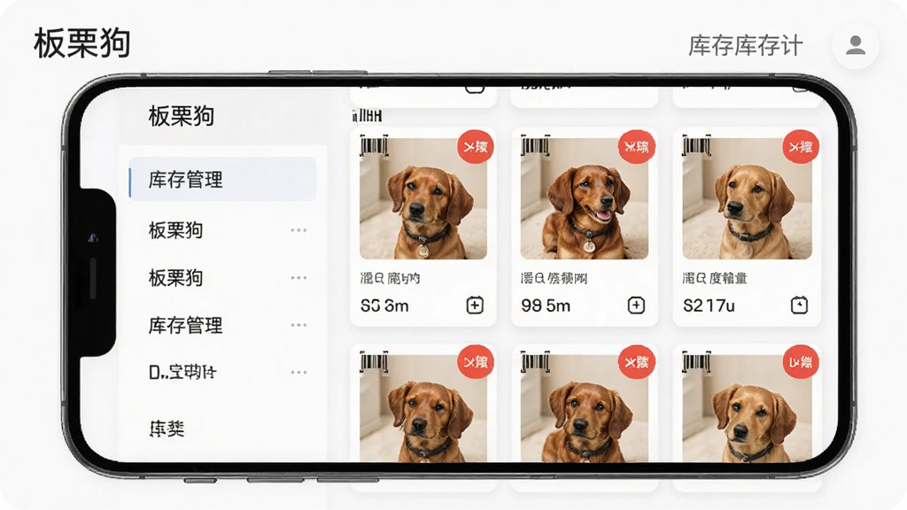 板栗狗商品管理功能界面,主体为手机屏幕展示商品列表与库存数量,布局为左侧分类栏右侧商品卡片网格,风格为清新浅色商务风,细节包括条码图标、库存预警红色角标、商品缩略图,画面中文字标注“板栗狗”与“库存管理”,画质清晰,干净整洁