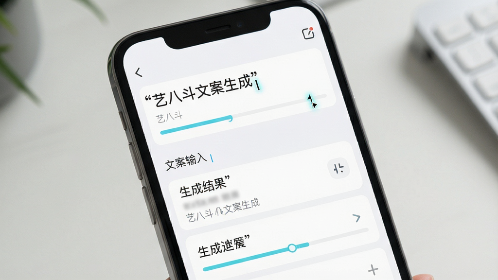 画面展示艺八斗智能文案生成功能界面,主体为手机屏幕内显示文案输入框与生成结果列表,布局为上下结构,排版清晰分区,风格为清新简约的UI设计,细节上加入光标闪烁效果与生成进度条,画质高清,干净无多余元素,画面中文字使用引号标注“艺八斗文案生成”。