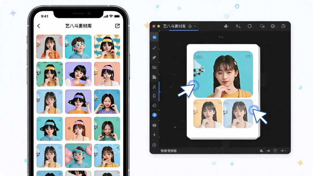 画面展示艺八斗素材库与智能排版功能,主体为手机屏幕内呈现素材网格与排版预览窗口,布局为左右分栏,排版紧凑有序,风格为明亮活泼的视觉风格,细节上加入素材缩略图与拖拽动画,画质高清,干净无多余元素,画面中文字使用引号标注“艺八斗素材库”。