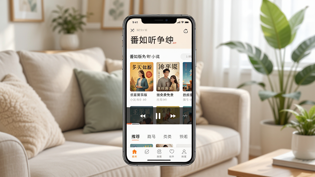 一张展示手机听书应用界面的图片,画面中央是一部现代智能手机,屏幕上显示着番如版免费听小说APP的主页,包含推荐书籍封面、播放控制条和分类导航栏,背景是温馨的居家环境,有沙发和绿植点缀,风格清新明亮,细节丰富,画质清晰,干净无多余元素