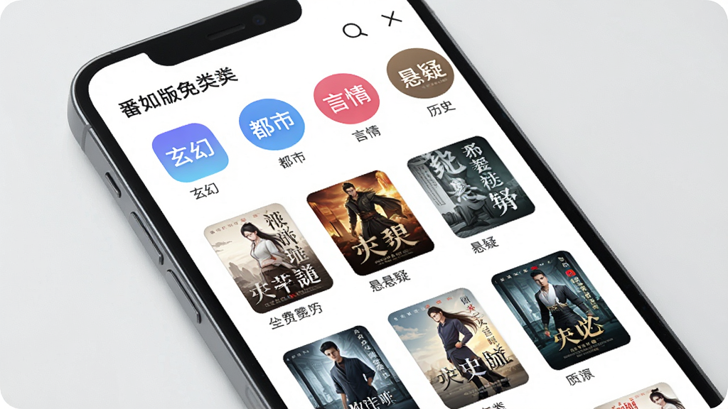 一张展示番如版免费听小说APP书库分类页面的图片,主体是手机屏幕,屏幕上整齐排列着玄幻、都市、言情、历史、悬疑等分类图标和书籍封面,布局清晰,排版美观,风格简约现代,细节精致,画质高清,干净无杂乱元素