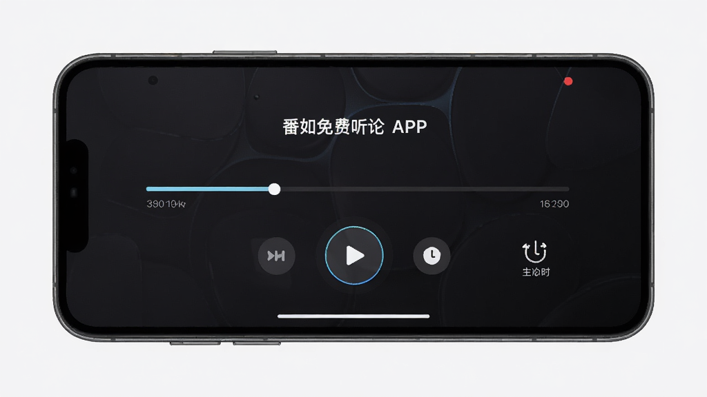 一张展示番如版免费听小说APP在手机上播放界面的图片,画面是一部手机横屏显示,屏幕上有播放进度条、倍速按钮和定时关闭图标,背景是深色模式,风格科技感,细节清晰,画质优秀,干净无多余元素