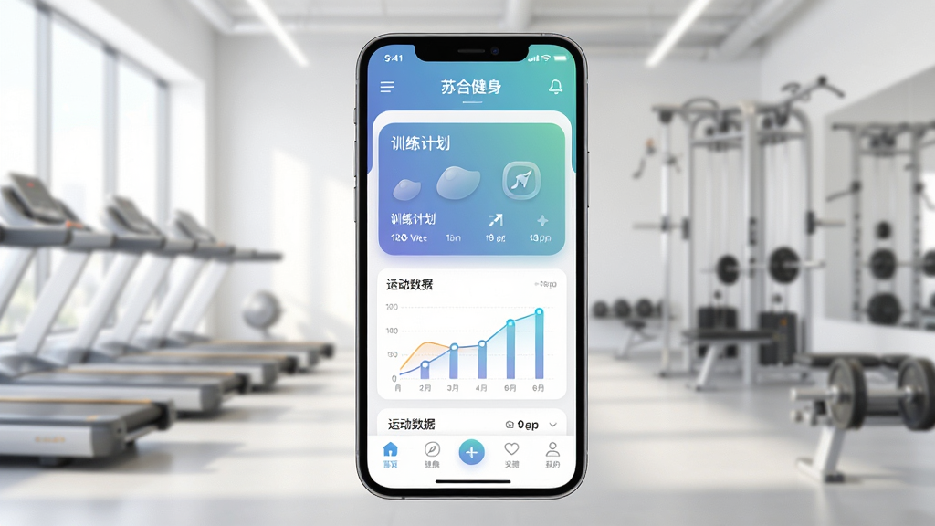 苏合健身应用主界面展示,画面中央是一部智能手机,屏幕显示苏合健身APP的首页界面,包含训练计划卡片、运动数据图表和底部导航栏,背景为明亮的健身房环境,布局为居中构图,风格为清爽科技感,细节包含哑光质感图标和渐变色调,画质为高清渲染,干净无多余元素