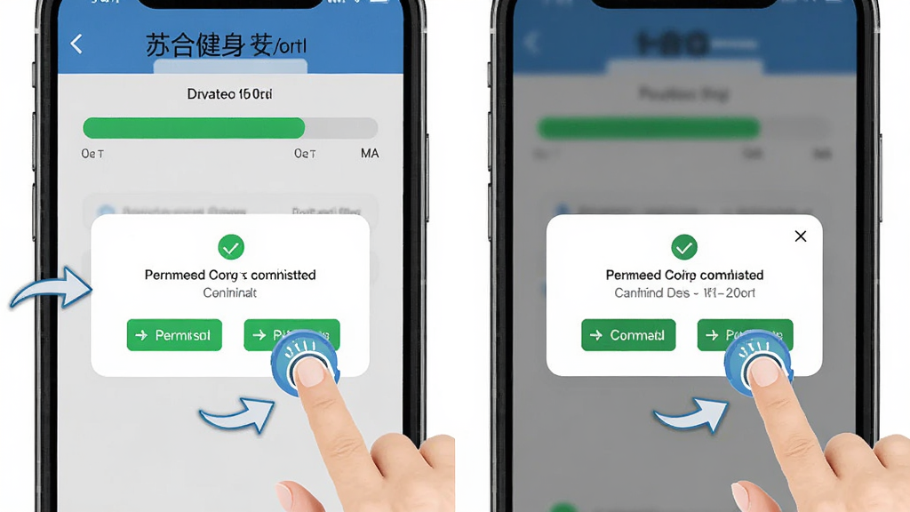 苏合健身安装步骤示意图,画面为手机屏幕显示安装进度条和权限确认弹窗,布局为左右分栏展示两个操作步骤,风格为教程图解风格,细节包含手指点击图标和箭头指引,画质高清,干净无多余元素