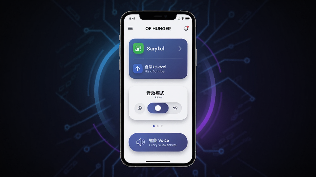 OF HUNGER应用主界面展示,画面中央放置一部智能手机,屏幕显示OF HUNGER软件首页,包含耳机电量卡片、音效模式切换按钮和智能语音入口,背景为深色渐变科技风格,周围点缀蓝紫色光效与几何线条,整体布局简洁清晰,风格现代科技感,细节包括图标阴影、圆角卡片、状态栏信息,画质高清,干净无多余元素,图片中文字“OF HUNGER”清晰可见