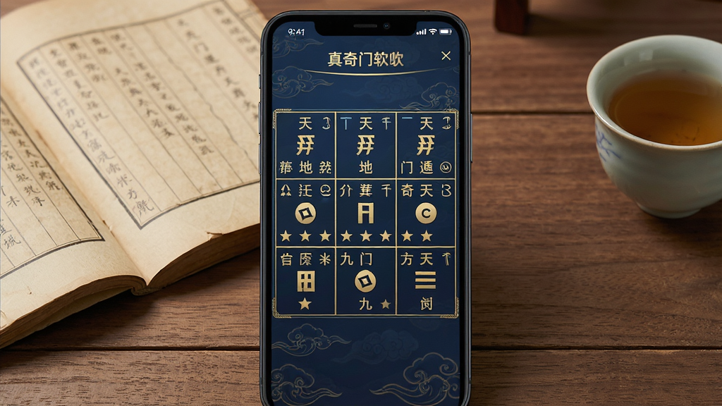 一张展示从真奇门软件主界面的手机屏幕截图,画面中央是奇门遁甲排盘网格图,九宫格内分布着天干地支与八门九星信息,界面以深蓝色与金色为主色调,背景带有淡淡的传统云纹装饰,手机放置在一张木质桌面上,旁边有一本翻开的古籍与一盏茶杯,整体风格古朴典雅,画质清晰,干净整洁,无多余元素