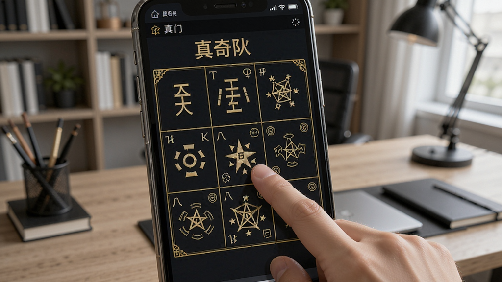 从真奇门软件排盘界面特写,九宫格内清晰展示天干地支、八门九星、八神等奇门元素,界面采用深色背景与金色线条勾勒,手机屏幕外有一只手正在点击宫位,周围环境为现代书房,桌面整洁,画质细腻,无多余元素