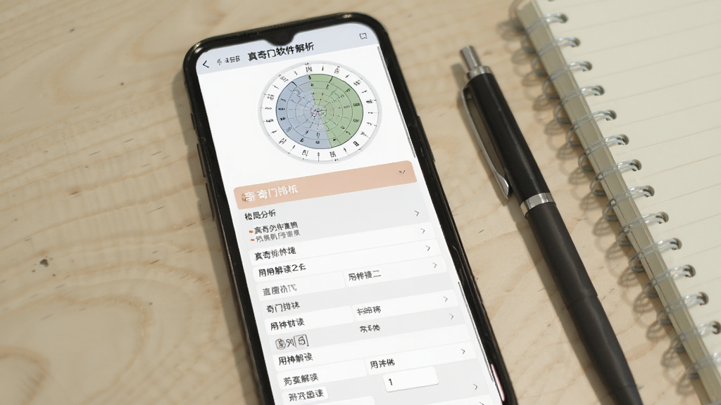 从真奇门软件解析界面截图,屏幕上方显示奇门排盘缩略图,下方以列表形式展示格局分析与用神解读文字,界面配色柔和,文字清晰,手机旁放有一支笔和笔记本,背景为浅色桌面,画质干净,无多余元素