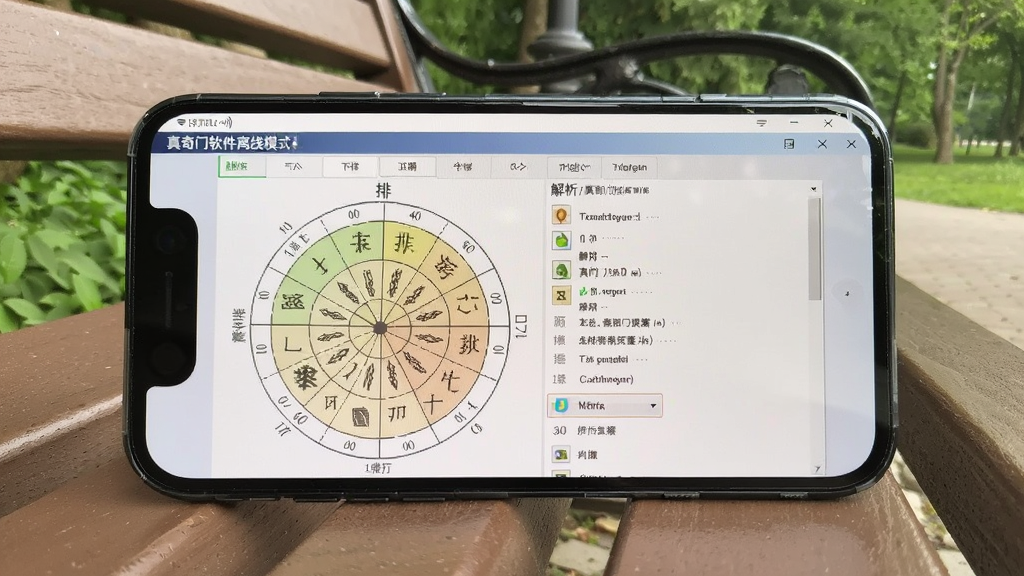 从真奇门软件离线模式界面截图,屏幕显示排盘结果与解析内容,顶部状态栏显示无网络信号图标,手机放置在户外长椅上,背景为公园绿植,光线自然,画质清晰,无多余元素