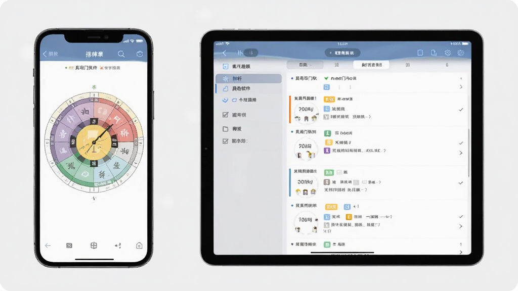一张展示从真奇门软件在手机与平板双设备上运行的合成图,左侧手机显示排盘界面,右侧平板显示解析内容,背景为简洁的浅灰色,设备屏幕清晰明亮,整体风格干净利落,无多余元素
