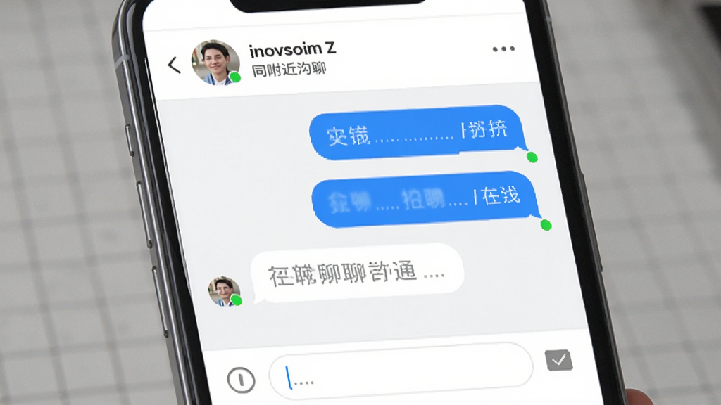 同城附近工作招聘直聊沟通界面,主体为手机聊天窗口,布局为顶部联系人信息、中部对话气泡、底部输入框,排版左右分明,风格为社交软件聊天风,细节包括蓝色发送气泡、白色接收气泡、在线状态圆点,画质高清,干净整洁