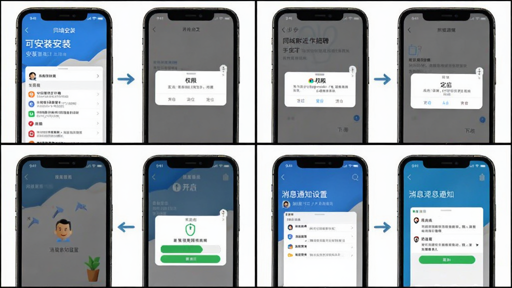 同城附近工作招聘新手操作示意图,主体为手机屏幕分步截图,布局为四格漫画式排列,排版从左到右从上到下,风格为教程图解风,细节包括安装界面、权限弹窗、定位开启、消息通知设置,画质清晰,干净整洁