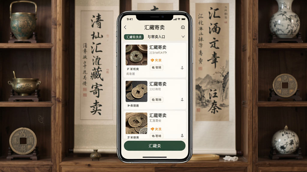 一张展示汇藏寄卖APP核心界面的手机预览图,画面中央是一部竖屏智能手机,屏幕内显示汇藏寄卖的商品列表与寄卖入口,背景为淡雅的书画收藏品陈列架,整体风格商务简洁,色调以米白与墨绿为主,细节上体现古玩、钱币、字画等收藏元素,画质清晰干净,无多余元素,图片中带有文字“汇藏寄卖”