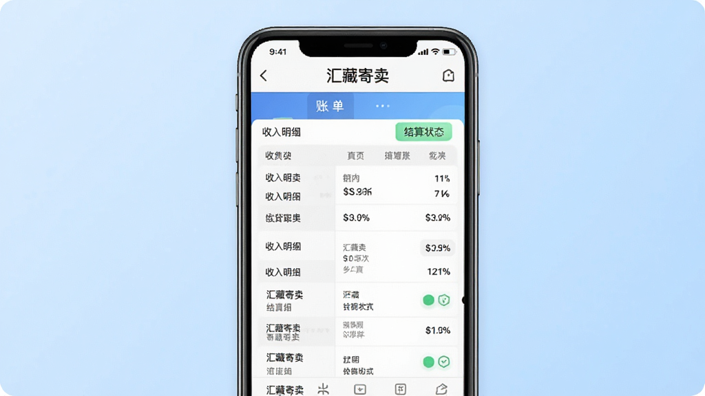 一张展示汇藏寄卖资金结算与账单记录页面的图片,画面为手机屏幕内显示收入明细列表与结算状态标签,背景为浅蓝色渐变,风格商务清爽,细节包含“汇藏寄卖”文字,画质清晰,干净整洁