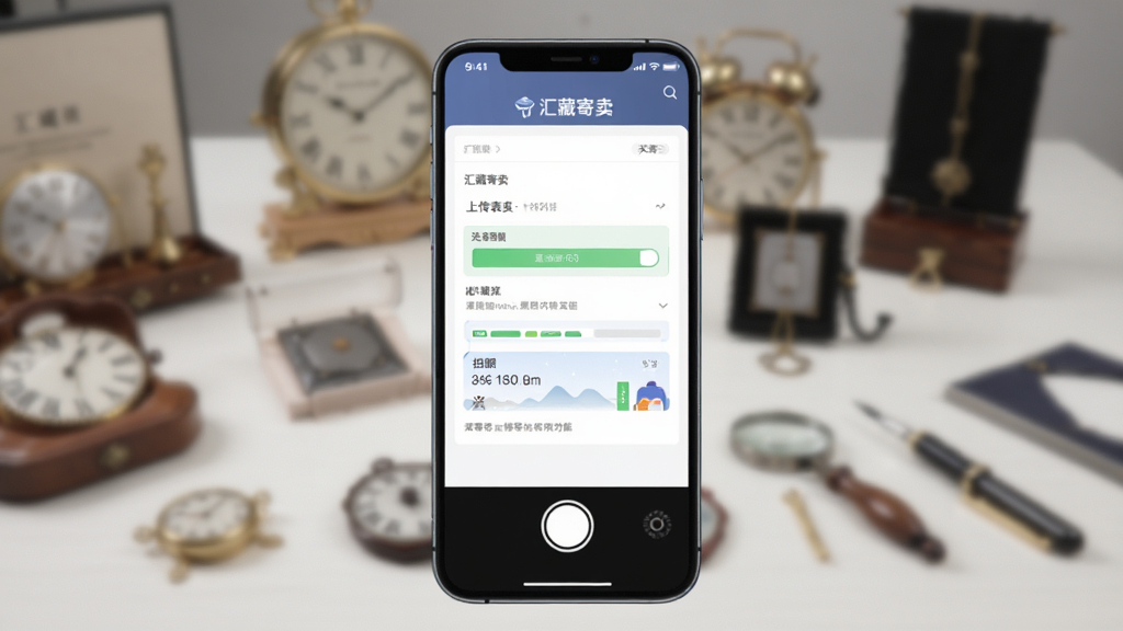 一张展示汇藏寄卖一键寄卖功能的界面截图风格图片,画面主体为手机屏幕内显示藏品上传表单与拍照按钮,背景为虚化的收藏品桌面,风格现代简洁,细节包含“汇藏寄卖”文字标识,画质清晰,干净无多余元素