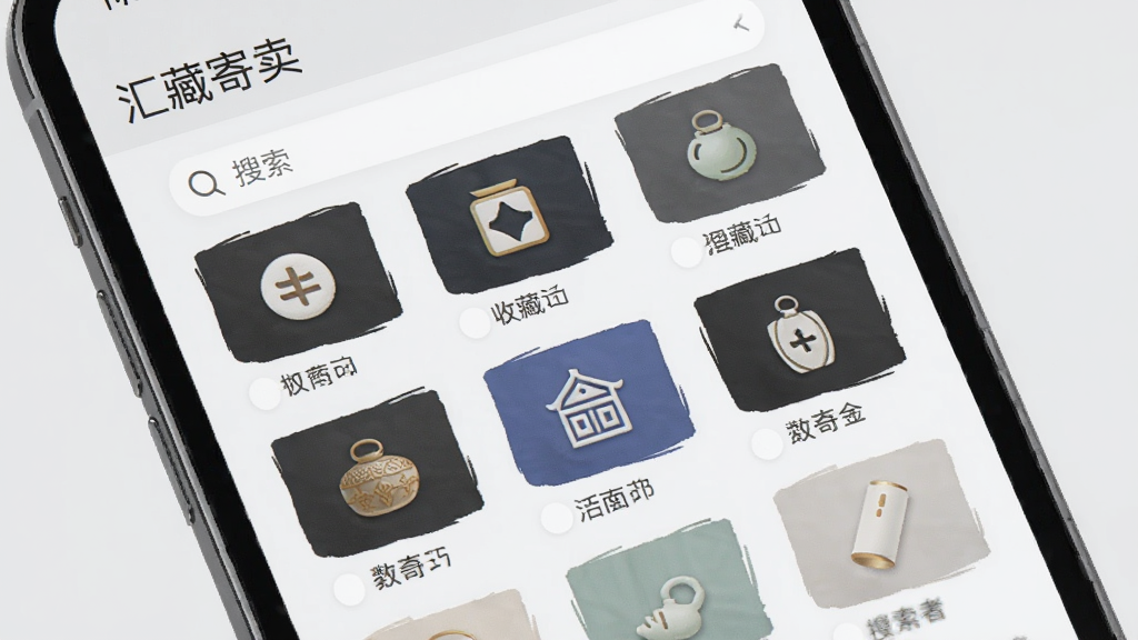 一张展示汇藏寄卖藏品分类搜索页面的图片,画面为手机屏幕内呈现多个收藏品分类图标与搜索框,背景为淡灰色简约风格,细节包含“汇藏寄卖”应用名称,画质清晰,布局整齐,无多余装饰元素