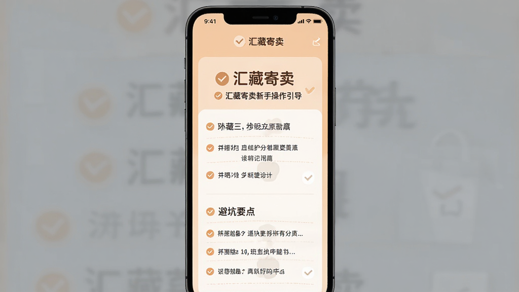 一张展示汇藏寄卖新手操作引导页面的图片,画面为手机屏幕内显示步骤提示与避坑要点列表,背景为柔和的浅橙色,风格亲切易懂,细节包含“汇藏寄卖”文字与勾选图标,画质清晰,布局整洁